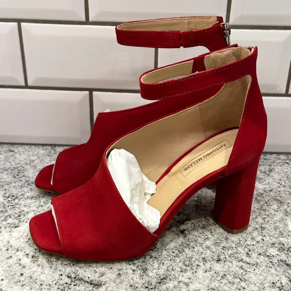 Antonio Melani Womens 7M Ehren Heels Red Rouge Suede Peep Toe Block Zip Glam